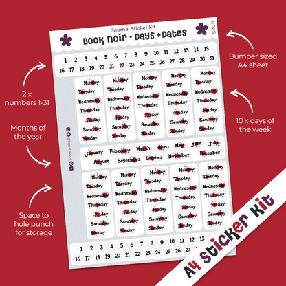 Book Noir Days & Dates A4 Journal Sticker Kit