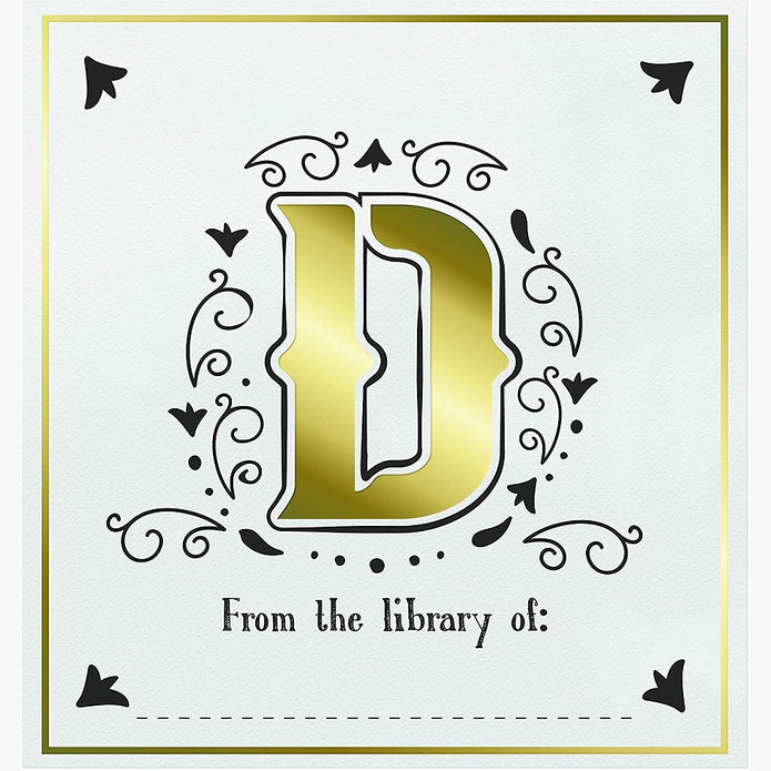 Decorative bookplate with a gold letter 'D' and decorative elements on a white background.