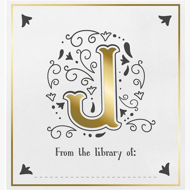 Decorative card with a gold letter 'J' and text 'From the library of:' on a white background.