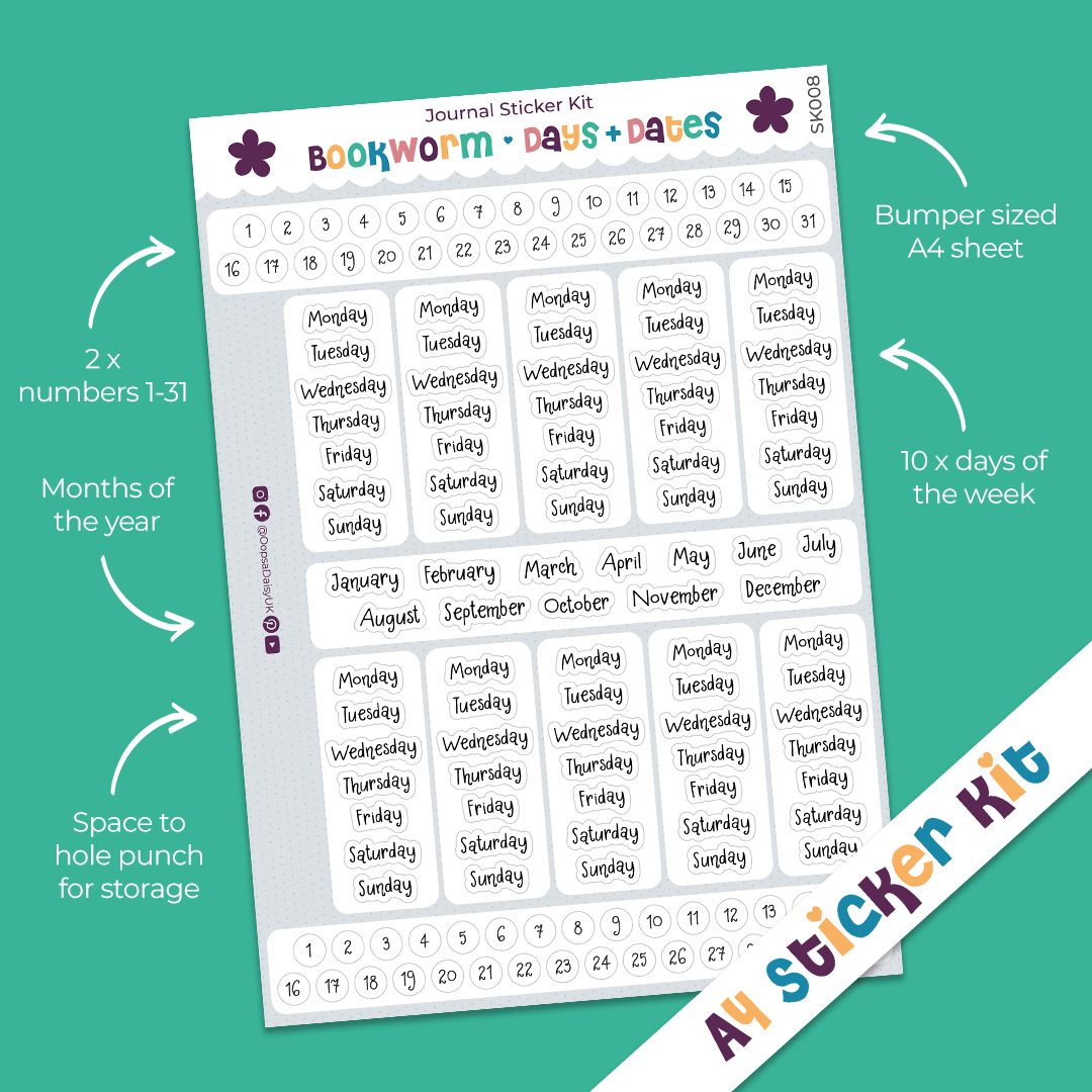 Bookworm Days & Dates A4 Journal Sticker Kit