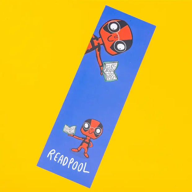 Blue bookmark with Deadpool character on a yellow background