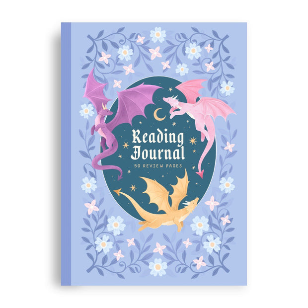 Reading journal cover with dragons and floral design on a light blue background
