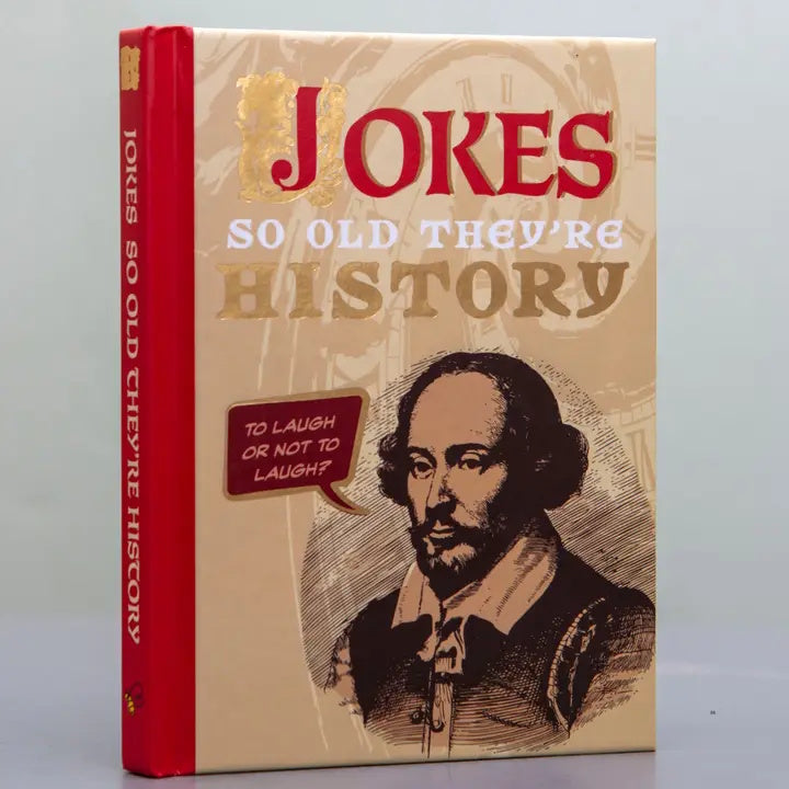 Book titled 'Jokes So Old They're History' with a portrait of a famous playwright on the cover.