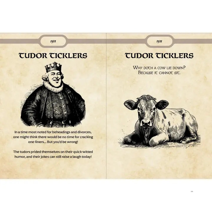 Booklet with illustrations of a Tudor figure and a cow, titled 'Tudor Ticklers'.