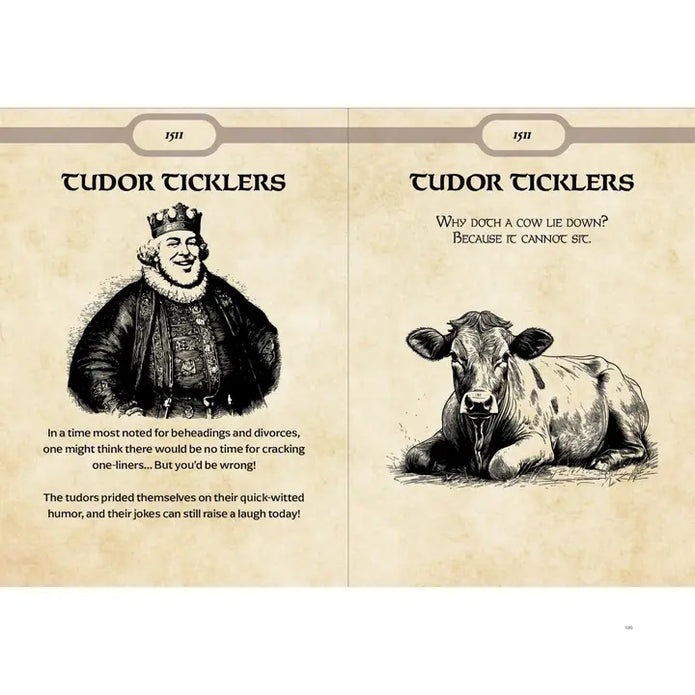 Booklet with illustrations of a Tudor figure and a cow, titled 'Tudor Ticklers'.