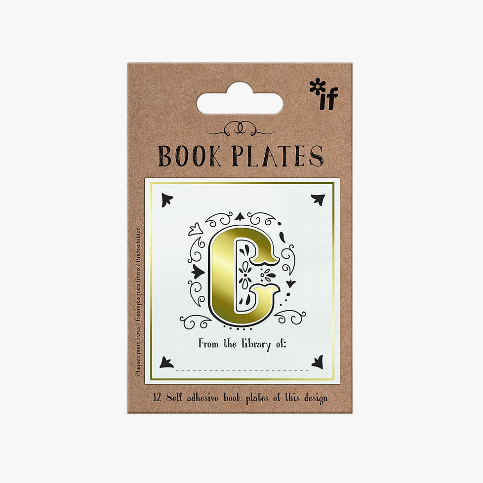 Packaging of book plates with a decorative 'C' design on a white background