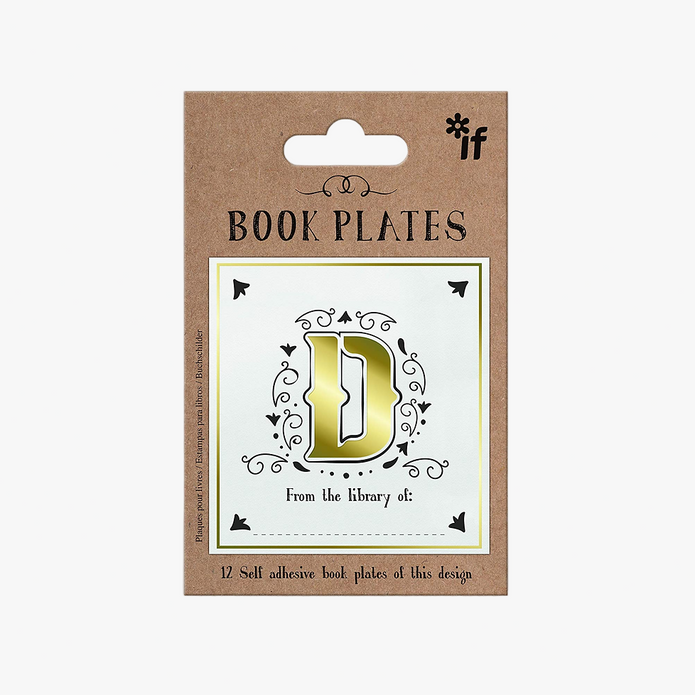 Pack of book plates with a decorative 'D' design on a brown card.