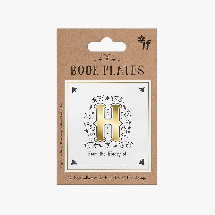 Pack of bookplates with a decorative 'H' design on a brown card.