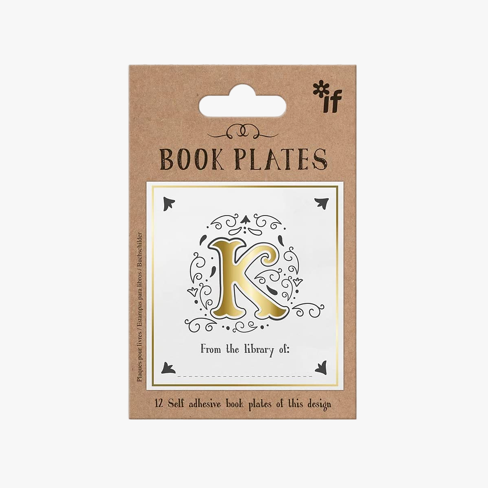 Packaging of book plates with a decorative 'K' design on a white background