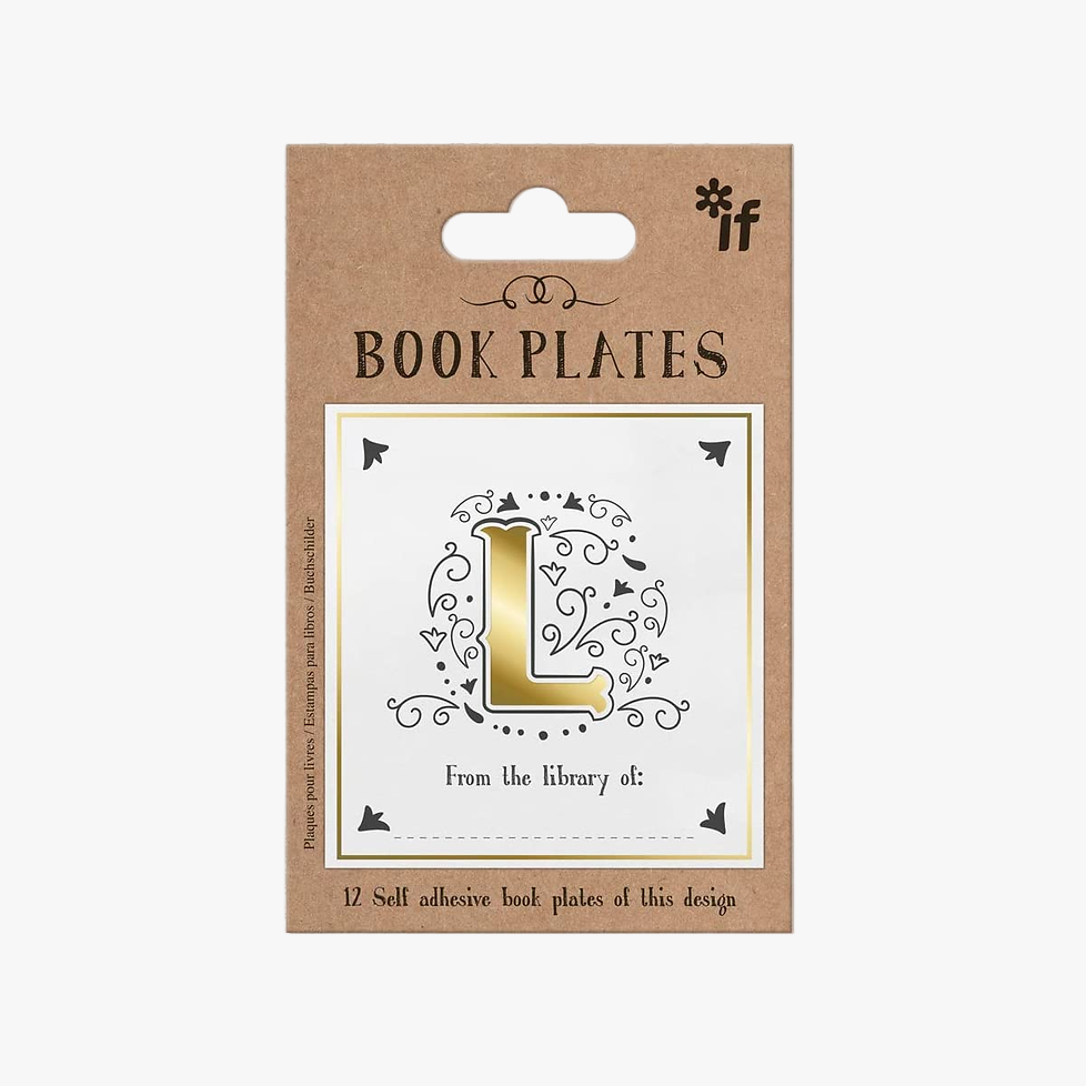 Pack of book plates with a decorative 'L' design on a brown card.