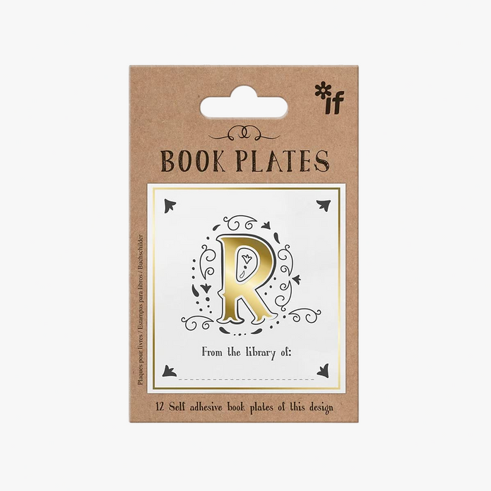 Packaging of book plates with a decorative letter 'R' design on a white background