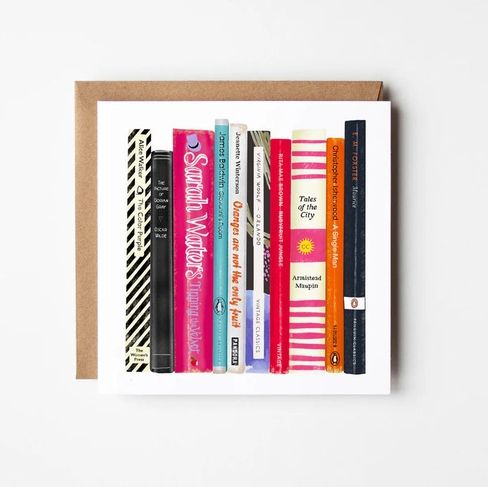 Card with images of books on a white background