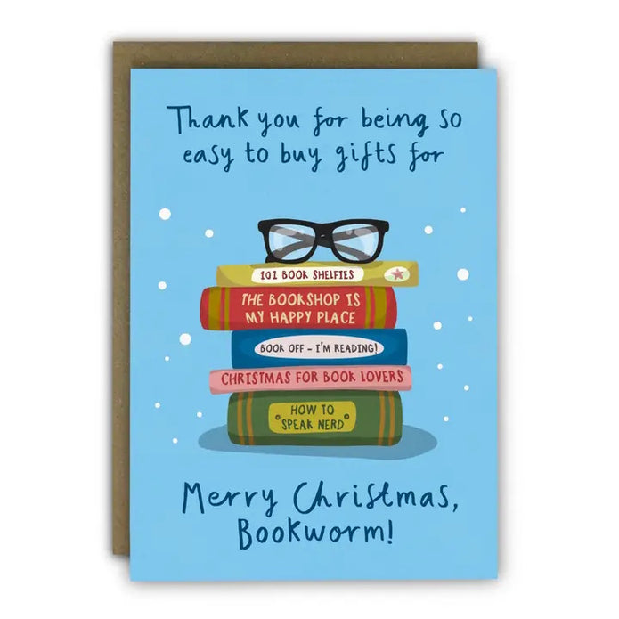 Greeting card with books and glasses illustration on a blue background