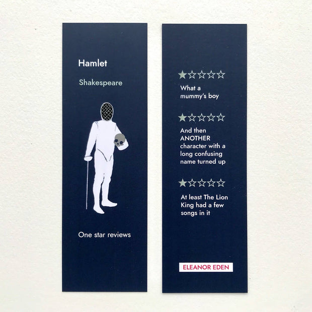 Two blue bookmarks with text and a silhouette of Hamlet, one with a one-star review and the other with humorous comments.