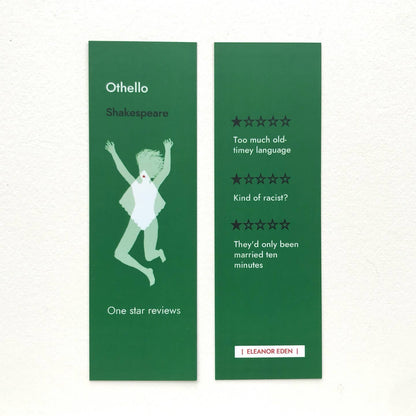Two green bookmraks with text and a silhouette of a person, on a white background.