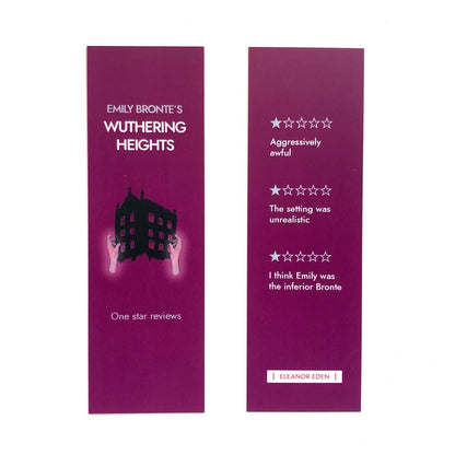 Two purple bookmarks with text and star ratings on a white background