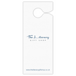 A white paper door hanger with a hanging loop at the top, featuring the text 'The Literary Gift Shop' in blue script and website text at the bottom.