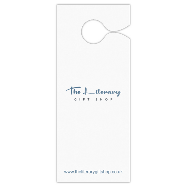 A white paper door hanger with a hanging loop at the top, featuring the text 'The Literary Gift Shop' in blue script and website text at the bottom.