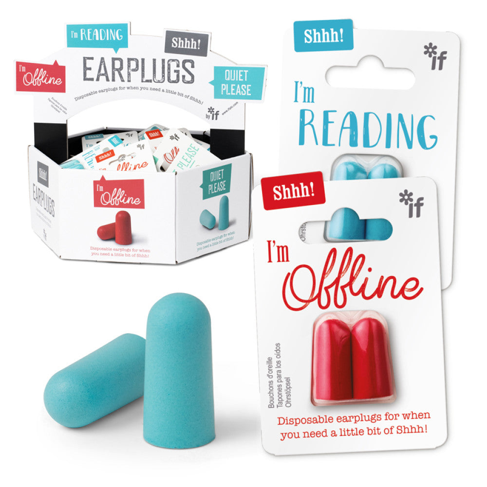 A retail display box and two individual packages of 'The Offline' brand disposable earplugs, alongside two loose light blue earplugs in the foreground. The packaging features humorous text like 'I'm Reading', 'Shhh!', and 'I'm Offline' with red and blue accents.