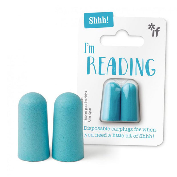 Blue disposable earplugs with packaging labeled 'I'm Reading' on a white background