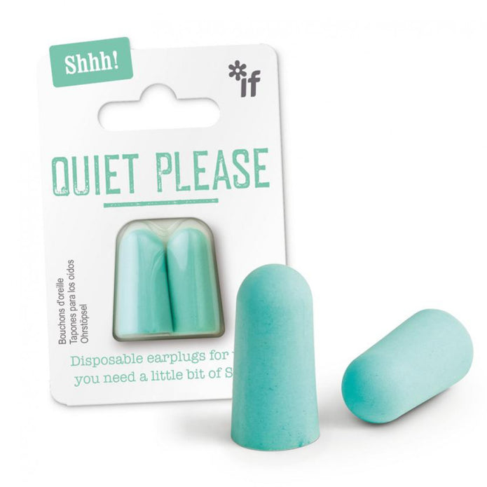 Mint disposable earplugs with packaging labeled 'Quiet Please' on a white background.