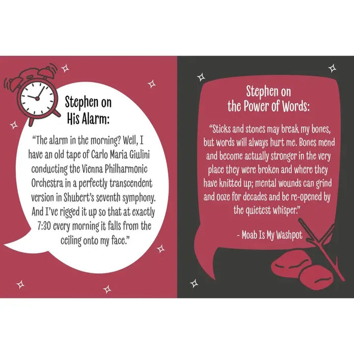 Two text boxes with speech bubbles on a red and black background, featuring quotes and a clock icon.