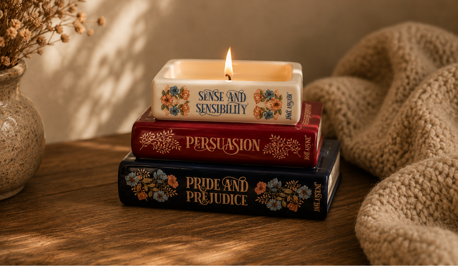 The Literary Gift Shop - Jane Austen Bookstack Candle, lit on a tabletop with a blanket and vase